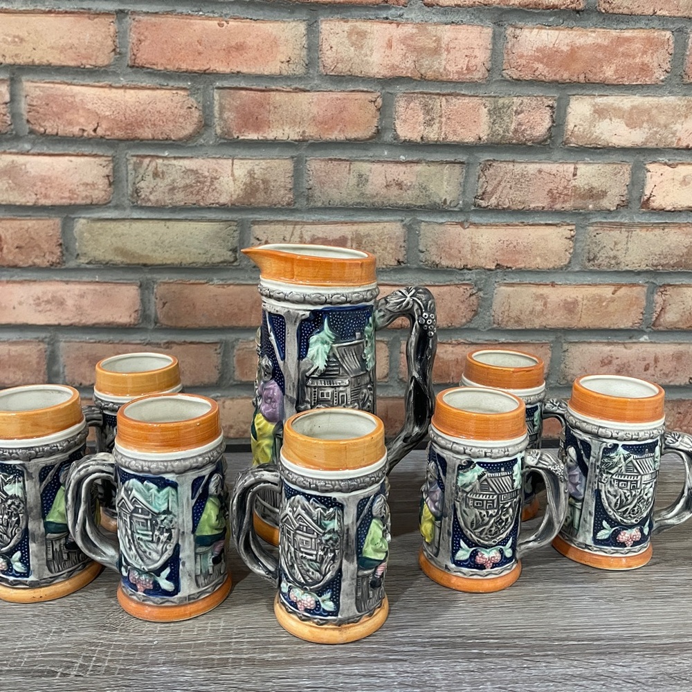 Vintage German Style Beer Stein Pitcher & Mugs